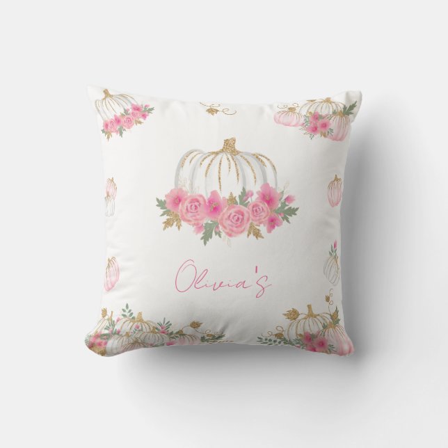 Fall Pink and Gold Pumpkin Floral Decorative  Cushion (Front)