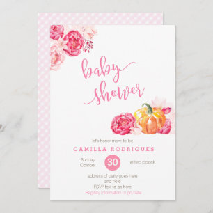 fall pink baby shower invite, script font pumpkins invitation