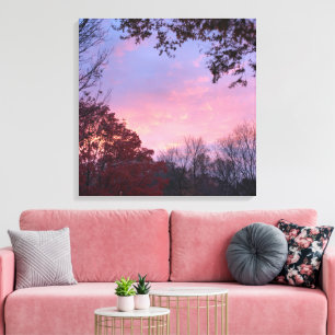 Fall Pink, Blue, Yellow Sunset Over Trees Canvas Print