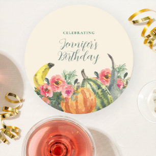 Fall Pink Floral Colourful Pumpkins Birthday Party Round Paper Coaster