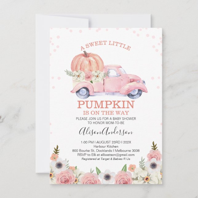 Fall Pink Floral Pumpkin Truck Baby Shower Invitation (Front)