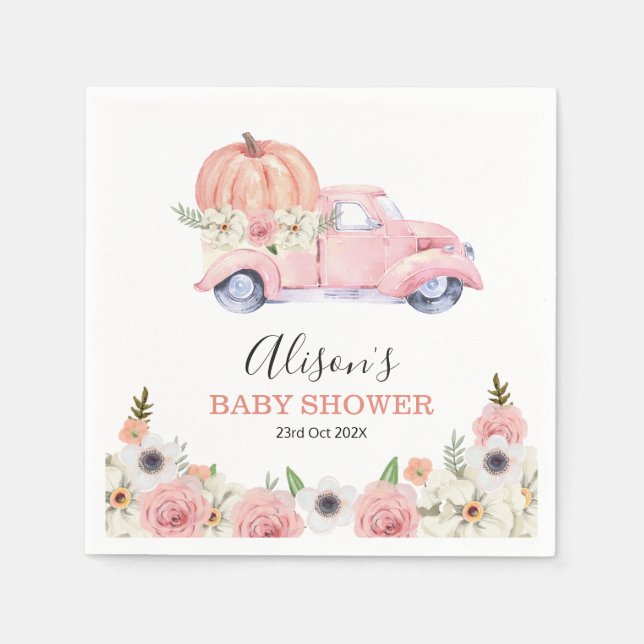 Fall Pink Floral Pumpkin Truck Baby Shower Paper  Napkin (Front)