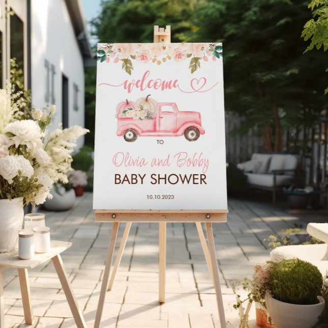 Fall Pink Floral Pumpkin Truck Baby Shower Welcome Poster (Creator Uploaded)