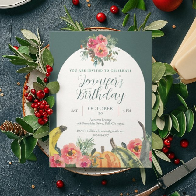 Fall Pink Floral Vibrant Pumpkins Birthday Party  Invitation (Creator Uploaded)