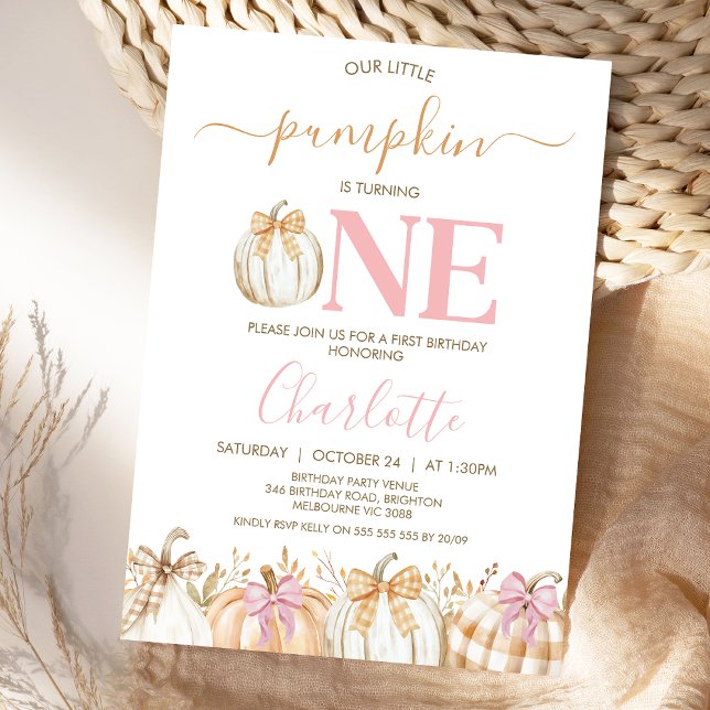Fall Pink Girls Plaid Little Pumpkin 1st Birthday Invitation (Pumpkin 1st Birthday Invitation, Girls Fall Little Pumpkin 1st Birthday Invitation Template, )