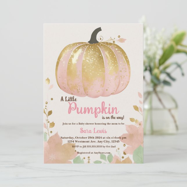 Fall pink pumpkin baby shower gold pumpkin invitation (Standing Front)