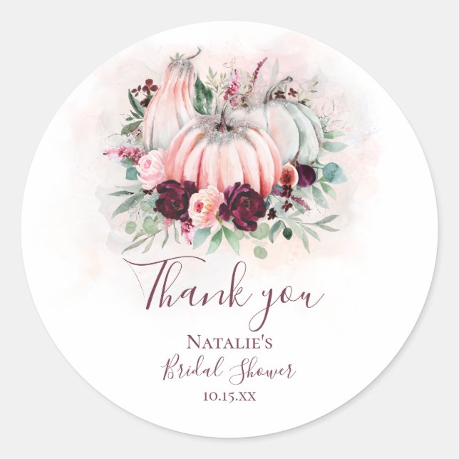 Fall Pink Pumpkin & Burgundy Floral Thank You Classic Round Sticker (Front)