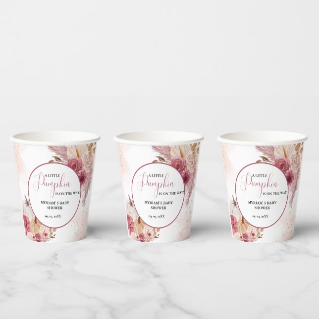 Fall Pink Pumpkin  Floral Girl Baby shower  Paper Cups (Multi)