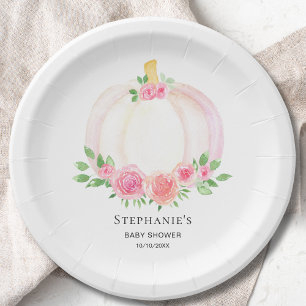 Fall Pink Pumpkin Floral Girl's Baby Shower Paper Plate