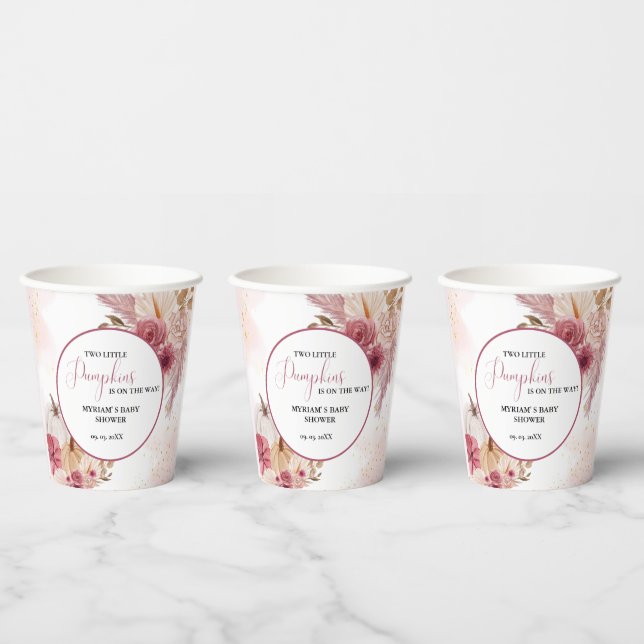 Fall Pink Pumpkin  Floral Twin Girl Baby shower  Paper Cups (Multi)