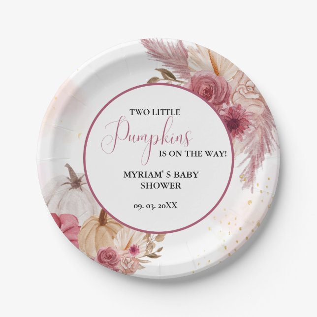 Fall Pink Pumpkin  Floral Twin Girl Baby shower  Paper Plate (Front)