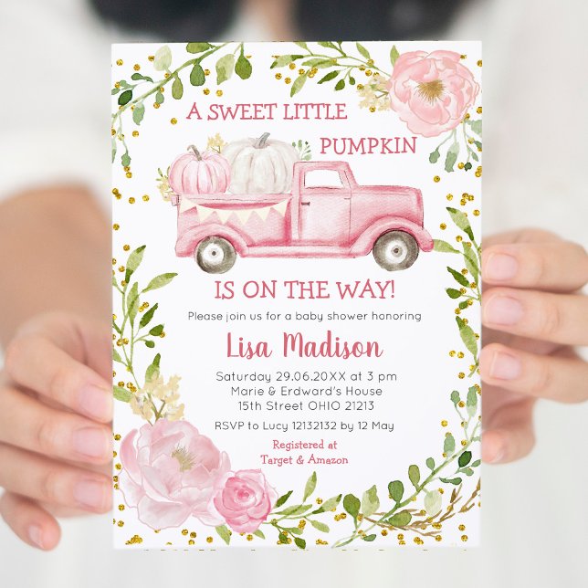 Fall Pink Pumpkin Truck Baby Shower Girl Invitation (Creator Uploaded)