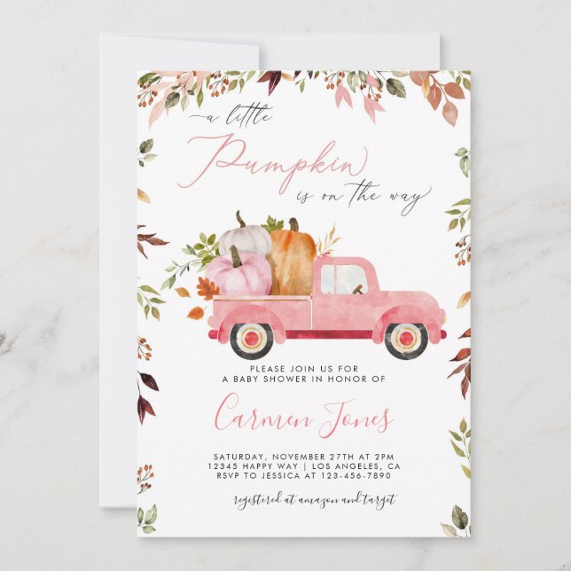 Fall Pink Pumpkin Truck Baby Shower Invitation (Front)