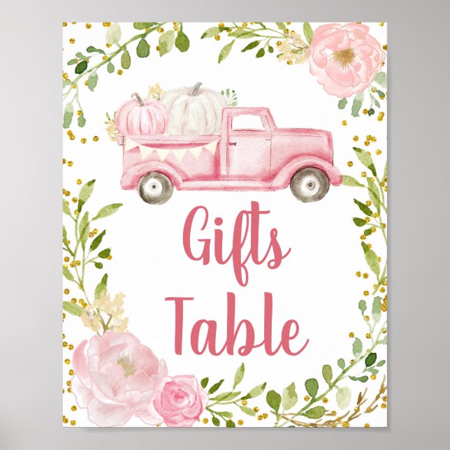 Fall Pink Pumpkin Truck Gifts Table Sign (Front)