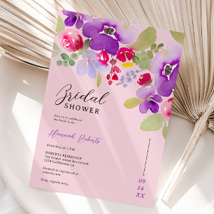 Fall pink purple floral watercolor bridal shower invitation