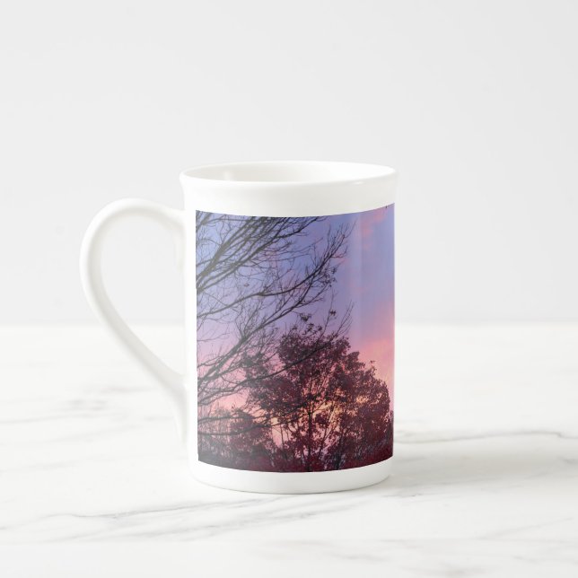 Fall Pink Sunset Over Trees Bone China Mug (Left)