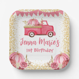 FALL PINK TRUCK PUMPKIN 1ST BIRTHDAY  PAPER PLATE