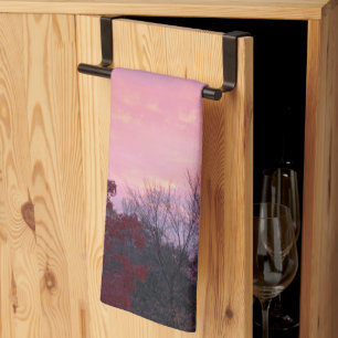 Fall Pink Yellow Sunset Over Trees Tea Towel