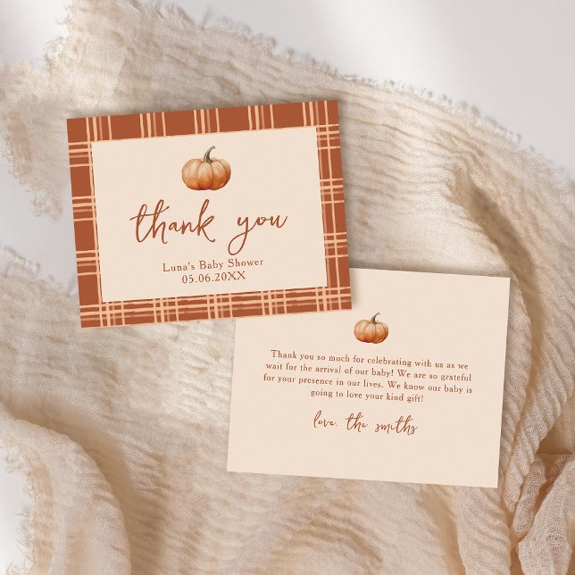 Fall Plaid A Little Pumpkin Baby Shower Flat Thank You Card (Creator Uploaded)
