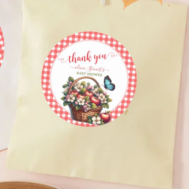 Fall plaid Apple theme Baby shower thank you Classic Round Sticker (Creator Uploaded)