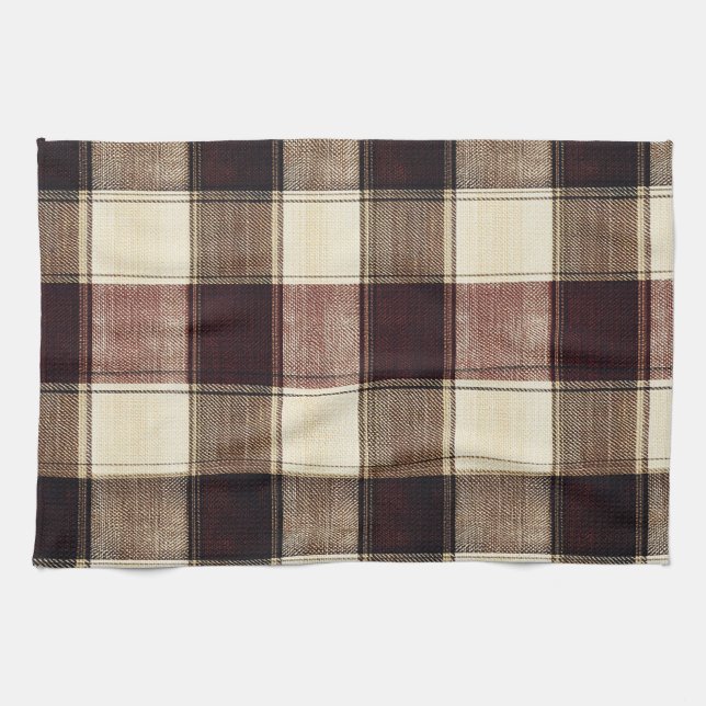 Fall Plaid Walnut Brown And Cranberry Cream  Tea Towel (Horizontal)
