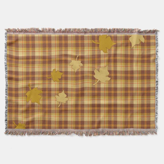 Fall Plaid With Drifting Leaves Throw Blanket (Front)
