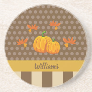 Fall Polka Dot Pumpkin with Family Name Coaster