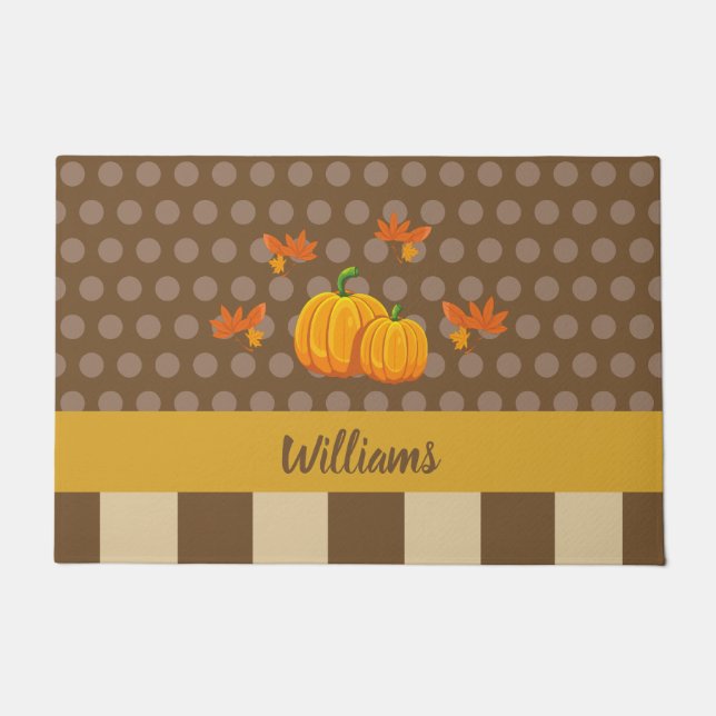 Fall Polka Dot Pumpkin with Family Name Doormat (Front)