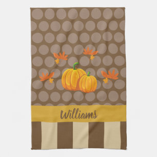Fall Polka Dot Pumpkin with Family Name Tea Towel