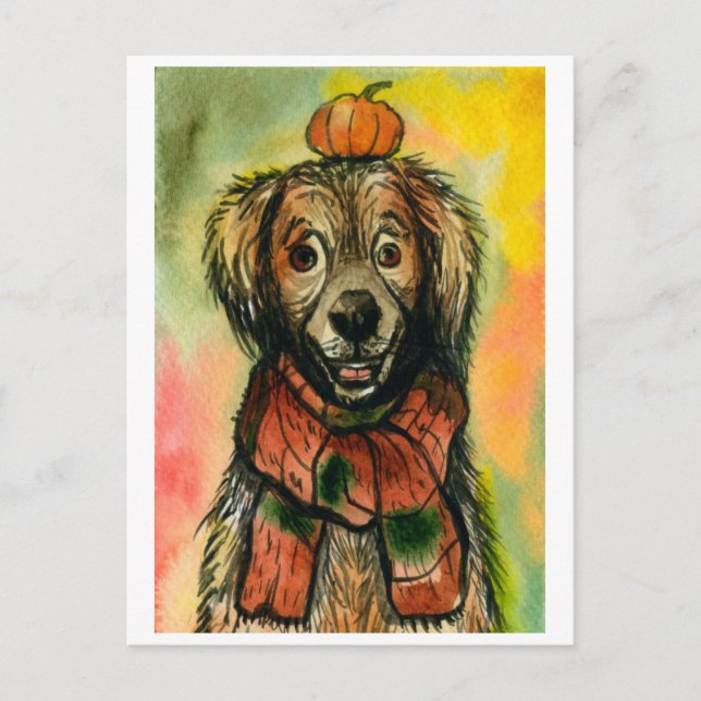 Fall Postcard, Dog with a Pumpkin, Autumn Postcard (Front)