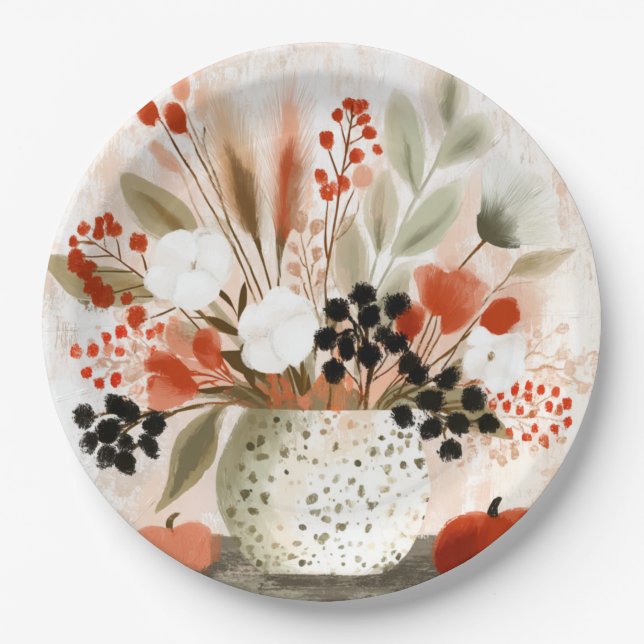 Fall Posy and Rust Speckled Pot Paper Plate (Front)