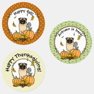 Fall Pug Dog (fawn) Pumpkins Leaves Cute