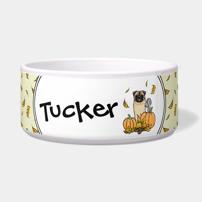 Fall Pug Dog (fawn) Pumpkins Leaves Cute (Front)