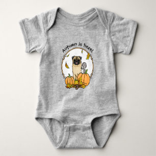 Fall Pug Dog (fawn) Pumpkins Leaves Cute Baby Bodysuit