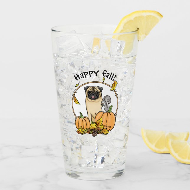 Fall Pug Dog (fawn) Pumpkins Leaves Cute Glass (Back Ice)