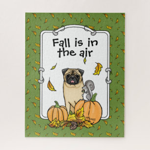 Fall Pug Dog (fawn) Pumpkins Leaves Cute Jigsaw Puzzle