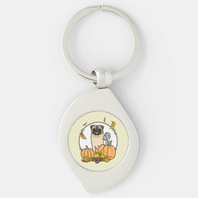 Fall Pug Dog (fawn) Pumpkins Leaves Cute Key Ring (Front)