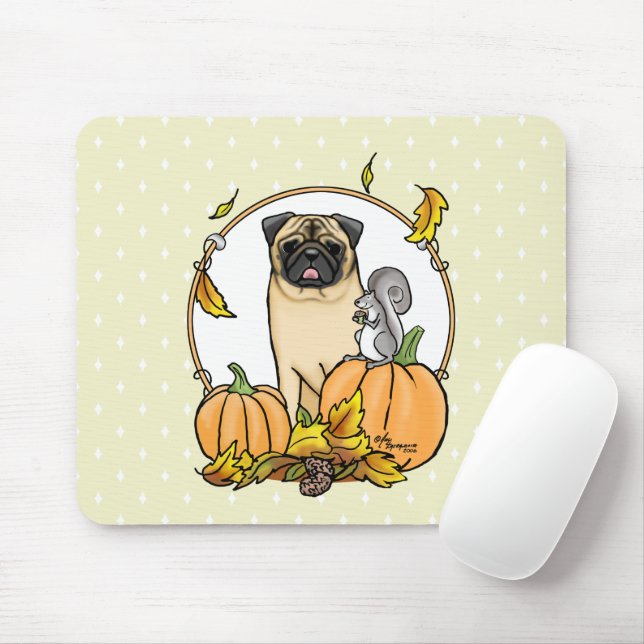 Fall Pug Dog (fawn) Pumpkins Leaves Cute Mouse Pad (With Mouse)