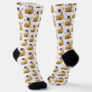 Fall Pug Dog (fawn) Pumpkins Leaves Cute Socks