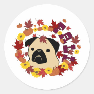 Fall Pug with Leaves, Pumpkins, and Sunflowers Classic Round Sticker