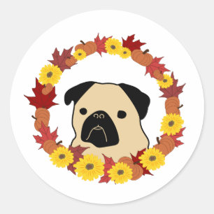 Fall Pug with Leaves, Pumpkins, and Sunflowers Classic Round Sticker