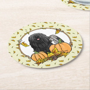 Fall Puli Dog (black) Pumpkins Leaves Cute Funny Round Paper Coaster