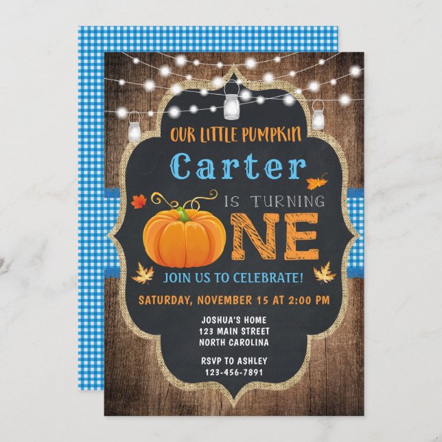 Fall Pumpkin 1st Birthday Invitation Boy (Front/Back)