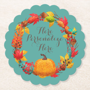 Fall pumpkin and autumn leaves wreath paper coaster