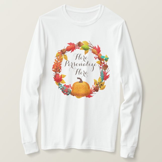Fall pumpkin and autumn leaves wreath T-Shirt (Design Front)