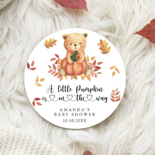 Fall Pumpkin and Bear Baby Shower Classic Round Sticker (Creator Uploaded)