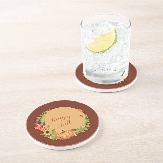 Fall pumpkin and nature with customisable text  coaster (Side)