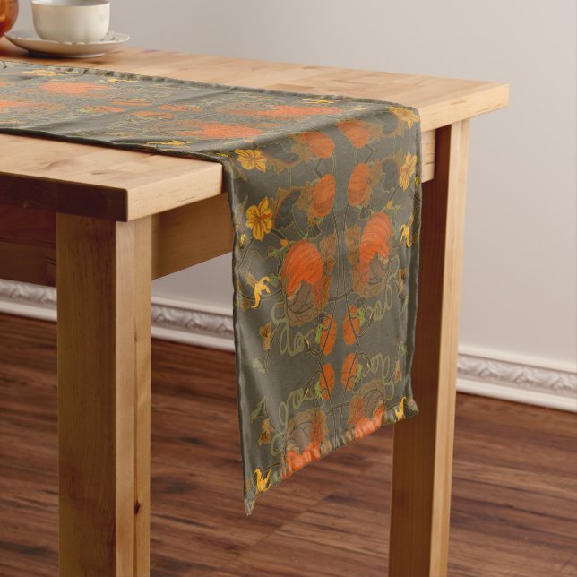 Fall Pumpkin and Vine Table Runner in Warm Grey (In Situ)