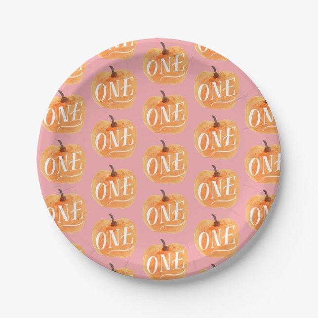 Fall Pumpkin Autumn First Birthday ONE Pattern Paper Plate (Front)