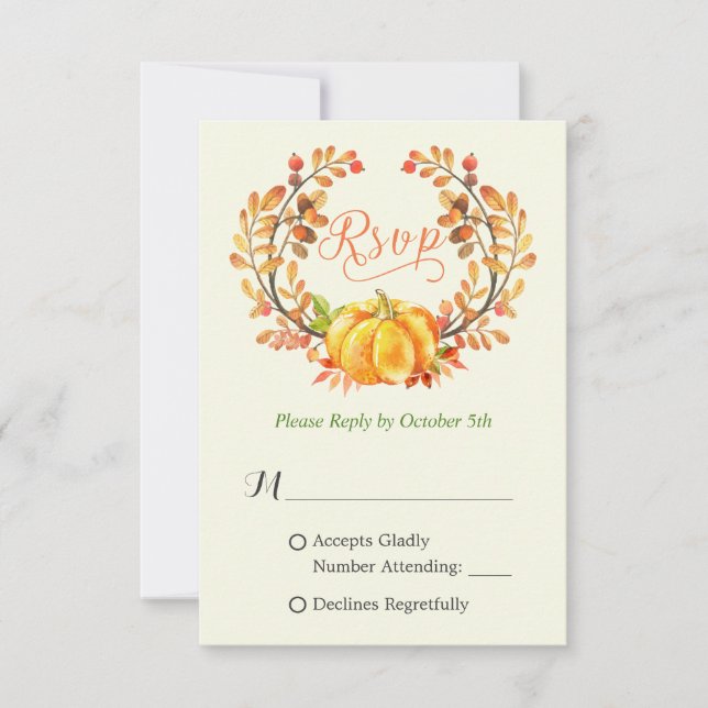 Fall Pumpkin Autumn Floral Leaves Wreath RSVP Card (Front)